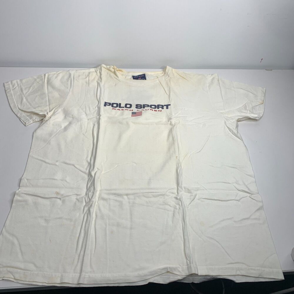 Vintage 90s Polo Sport Ralph Lauren Spell Out Logo White T-Shirt Size XL